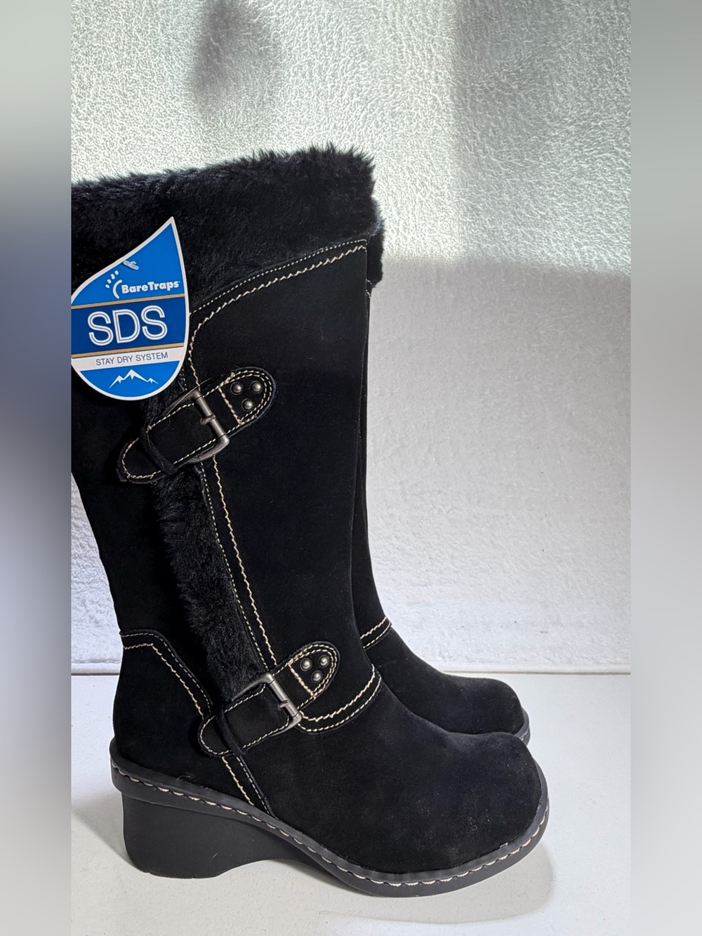 BareTraps Ayden Suede Faux Fur Stay Dry Winter Boots Black Womens 8.5